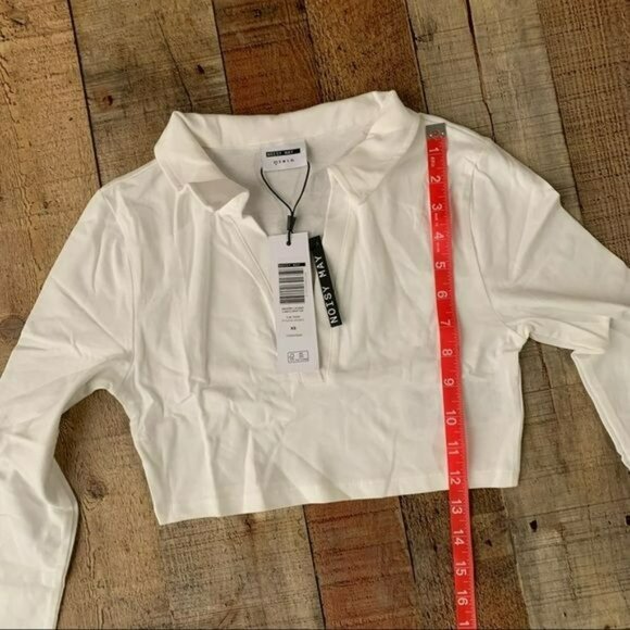 Noisy may women's size XS long sleeve crop top polo with v neck in white NWTs - Picture 3 of 7